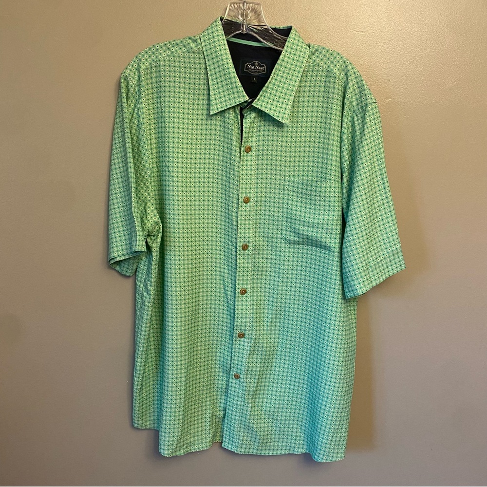 Nat Nast Mens Size Large Shirt All Over geometric Button Up 100% Silk green
